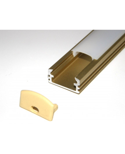 Sample of P2 LED profile surface extrusion, anodized aluminium, gold, plus diffuser