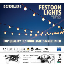11m Outdoor / Indoor Festoon Lighting String (garland) with 10 bakelite lamp holders E27, IP44, black, socket at the end 11m Outdoor / Indoor Festoon Lighting String (garland) with 10 bakelite lamp holders E27, IP44, black, socket at the end