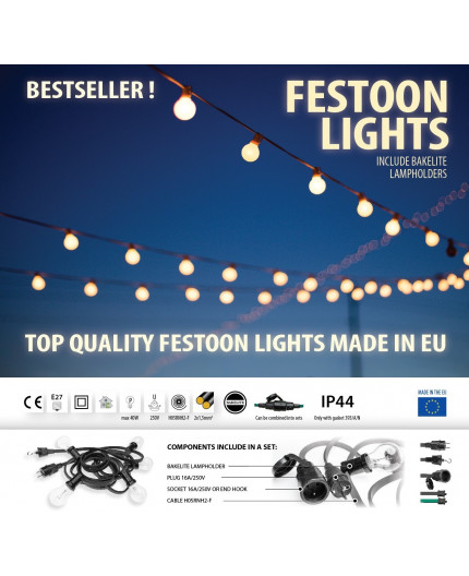 21m Outdoor / Indoor Festoon Lighting String (garland) with 20 bakelite lamp holders E27, IP44, black, hook at the end 21m Outdoor / Indoor Festoon Lighting String (garland) with 20 bakelite lamp holders E27, IP44, black, hook at the end