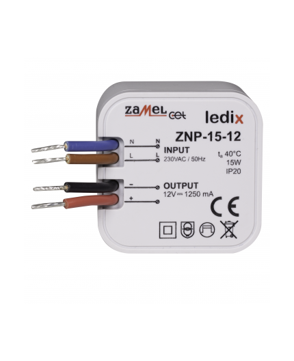 15W 12Vdc LED driver for wall box dia. 60mm, ZNP-15-12 15W 12Vdc LED driver for wall box dia. 60mm, ZNP-15-12