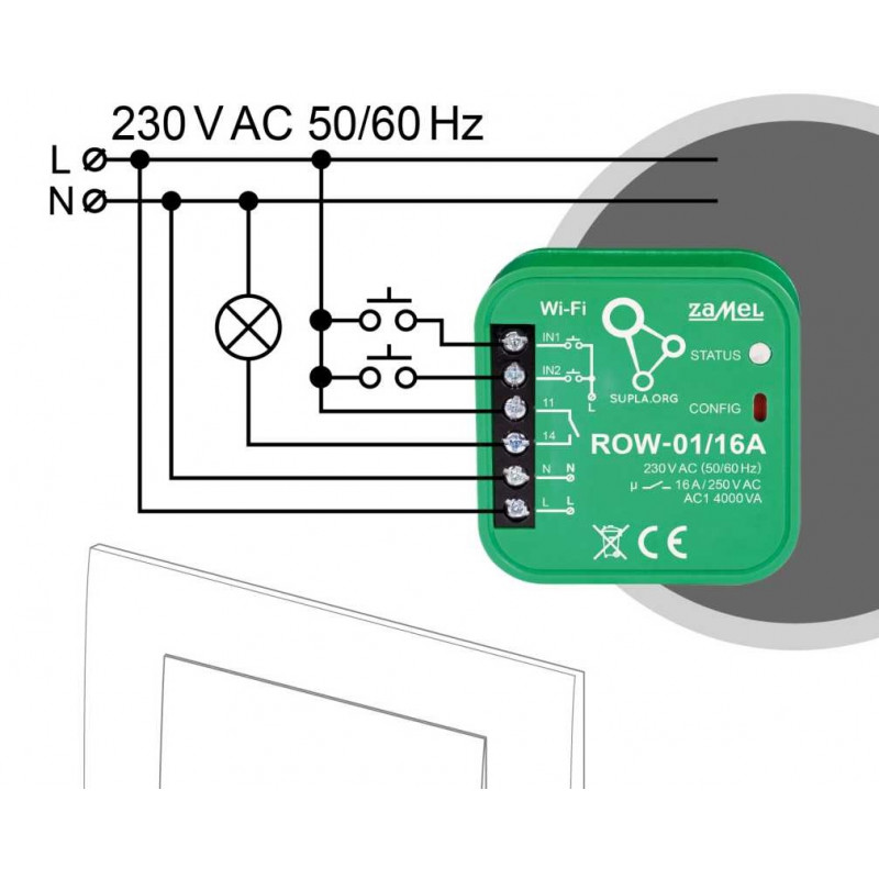 ROW-01/16A, power socket and lights control module, Wi-Fi 1-channel, Supla ROW-01/16A, power socket and lights control module, Wi-Fi 1-channel, Supla