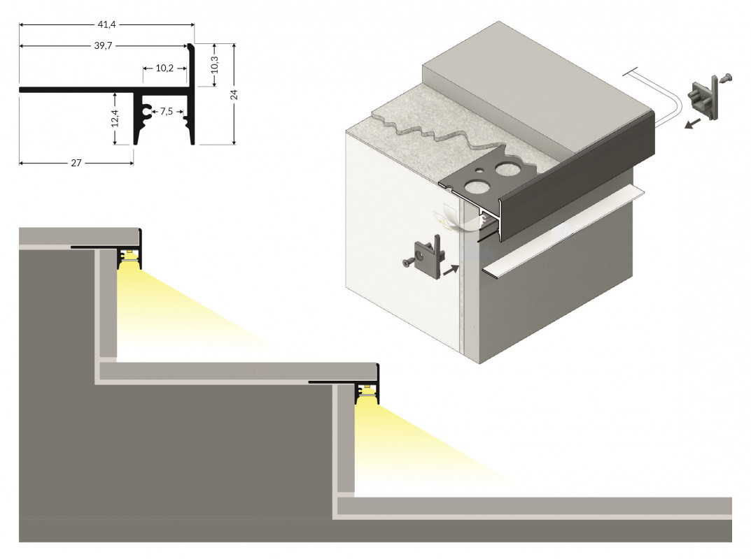 2m Aluminium LED profile USTEP-Tile, silver anodized, opal cover 2m Aluminium LED profile USTEP-Tile, silver anodized, opal cover