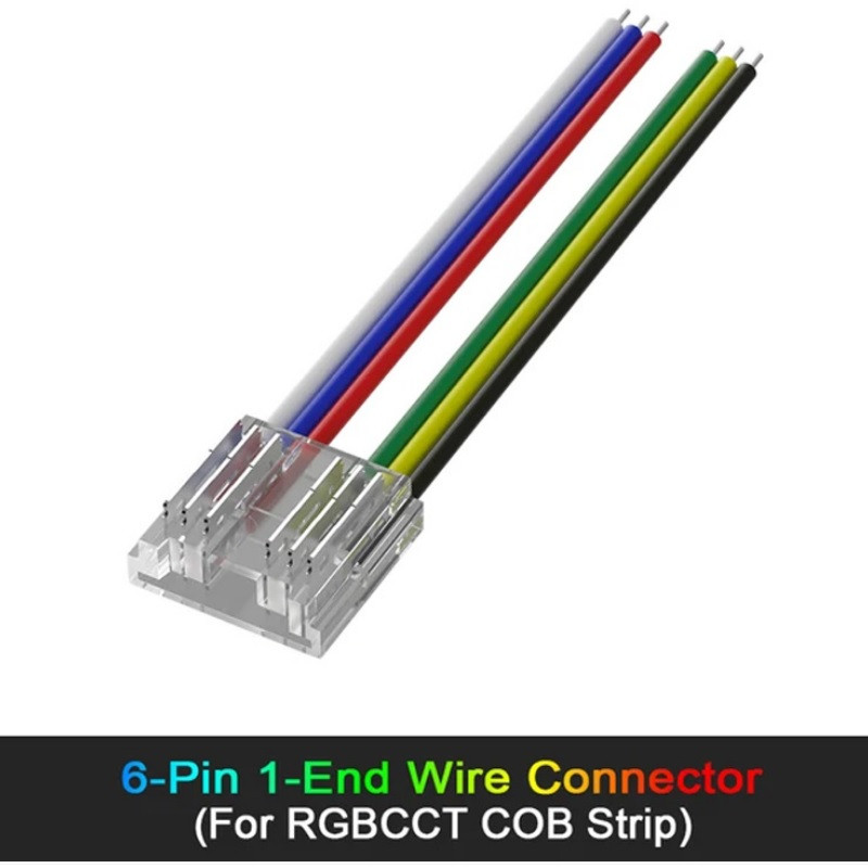 6 Pin Tape to Power Connector for 12mm IP20 RGB+CCT (WRGBW) COB Strip, no soldering 6 Pin Tape to Power Connector for 12mm IP20 RGB+CCT (WRGBW) COB Strip, no soldering