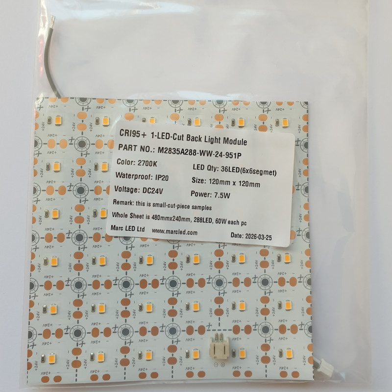 Sample of 24Vdc 60W (7.5W 120mmx120mm) 2700K 1-LED-Cut Flexible Back Light Module Sheet SMD2835 Sample of 24Vdc 60W (7.5W 120mmx120mm) 2700K 1-LED-Cut Flexible Back Light Module Sheet SMD2835