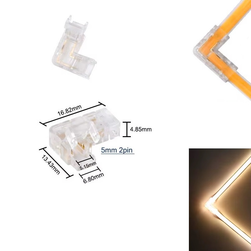 2 Pin L-shape Tape to Tape Connector for 5mm IP20 Single Colour COB Strip, no soldering 2 Pin L-shape Tape to Tape Connector for 5mm IP20 Single Colour COB Strip, no soldering