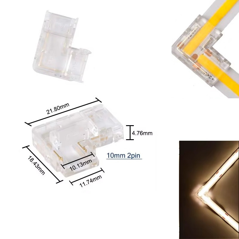 2 Pin L-shape Tape to Tape Connector for 10mm IP20 Single Colour COB Strip, no soldering 2 Pin L-shape Tape to Tape Connector for 10mm IP20 Single Colour COB Strip, no soldering