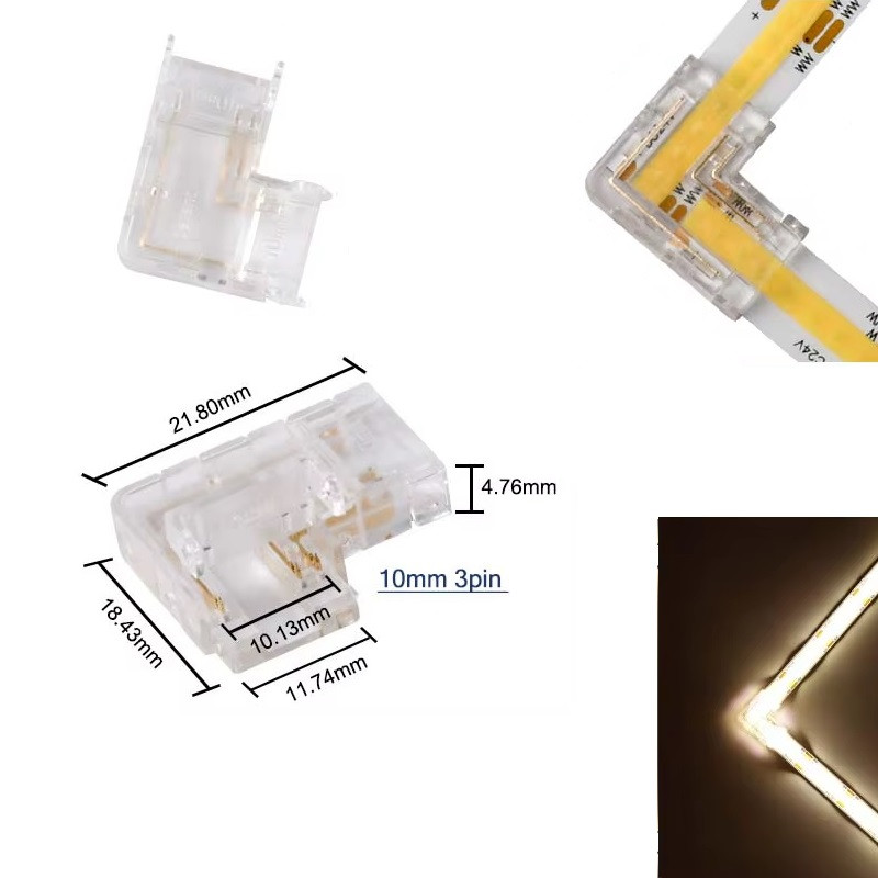 3 Pin L-shape Tape to Tape Connector for 10mm IP20 CCT Tunable COB Strip, no soldering 3 Pin L-shape Tape to Tape Connector for 10mm IP20 CCT Tunable COB Strip, no soldering