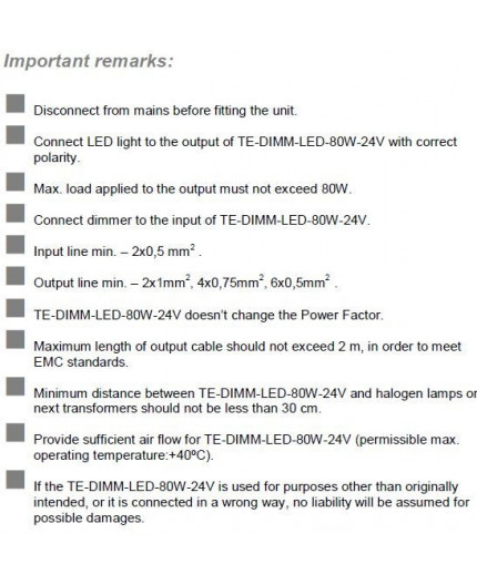 0 - 80W 24Vdc Dimmable (trailing edge) Electronic Transformer for LEDs, TE80W-DIMM-LED-24V 0 - 80W 24Vdc Dimmable (trailing edge) Electronic Transformer for LEDs, TE80W-DIMM-LED-24V