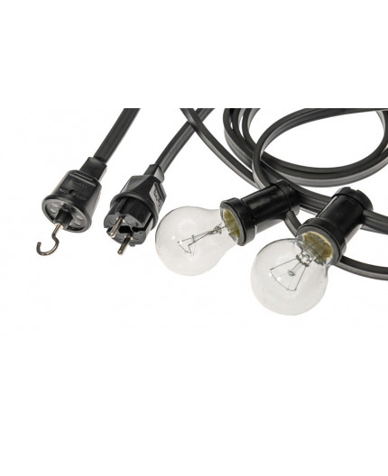 6m Outdoor / Indoor Festoon Lighting String (garland) with 5 bakelite lamp holders E27, IP44, black, hook at the end 6m Outdoor / Indoor Festoon Lighting String (garland) with 5 bakelite lamp holders E27, IP44, black, hook at the end