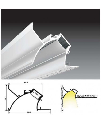 2m Plaster-in LED profile DC2 for ceiling and drywall, with opal cover