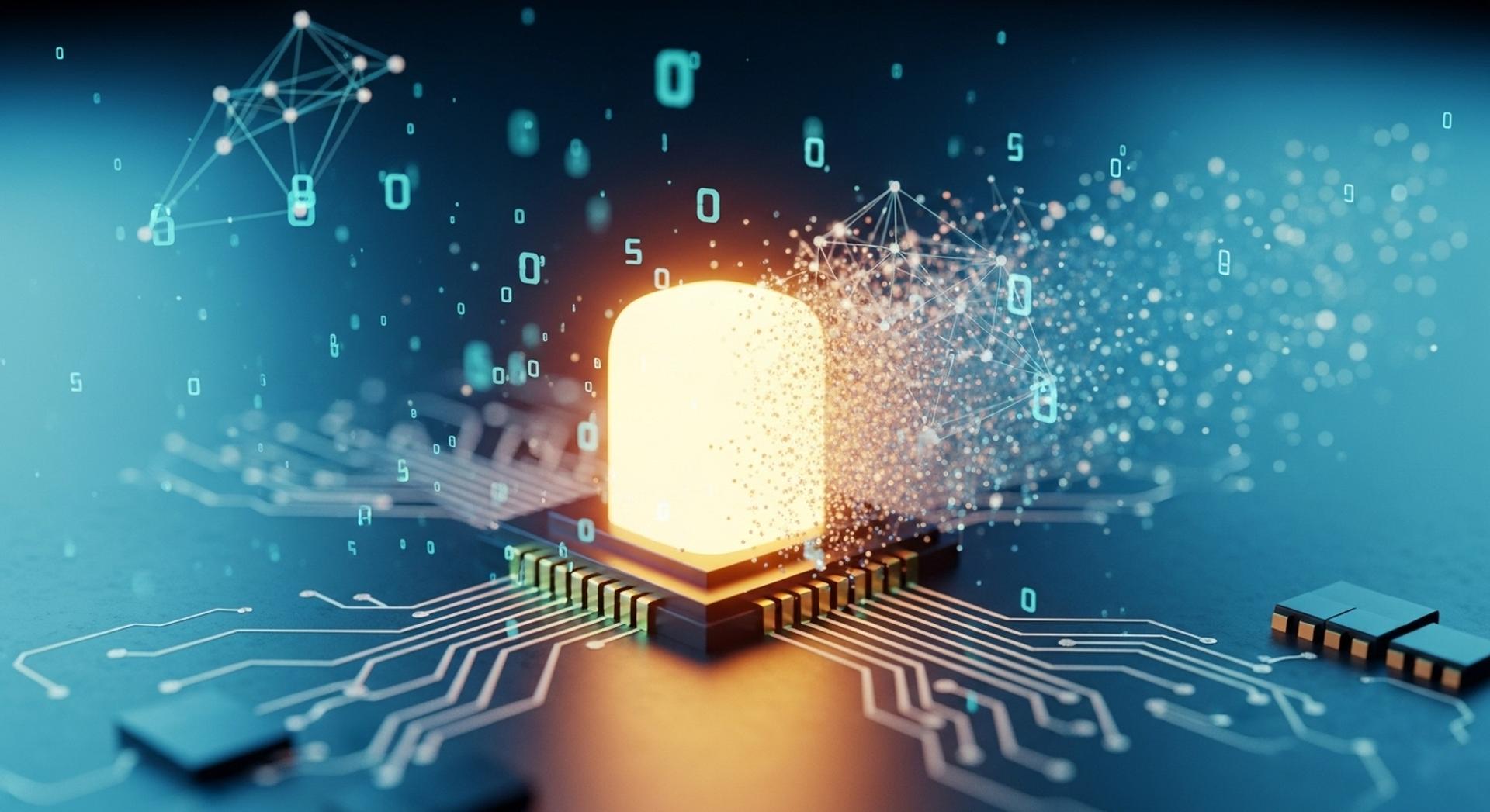 Futuristic visualization of an IoT LED module merging light with digital data.