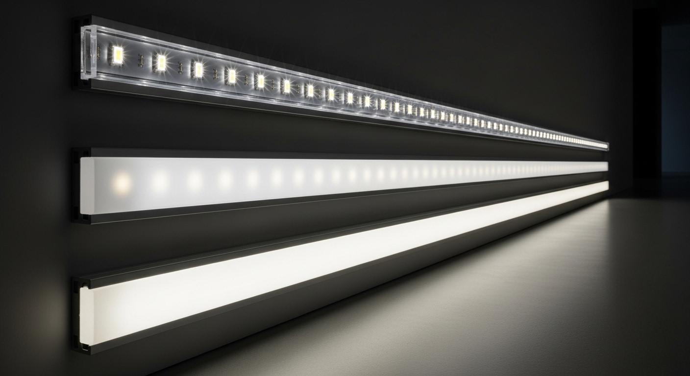 Three long LED profiles mounted on a dark wall demonstrating different polycarbonate cover diffusions: the top strip features a clear cover showing individual LED hot spots, the middle strip uses a frosted cover for softened light, and the bottom strip has an opal cover creating a seamless, uniform line of light.